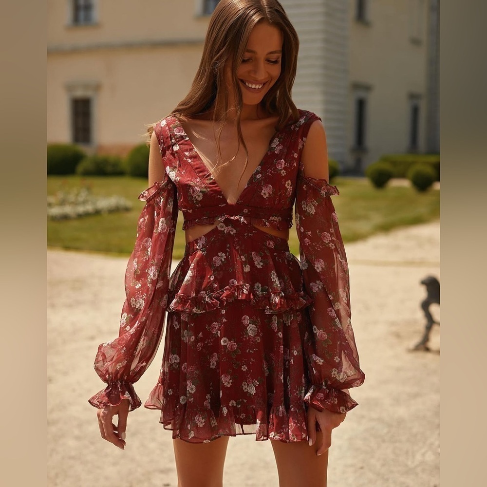Alamour the Label Annabell Cutout Floral Sheer Floaty Mini Dress